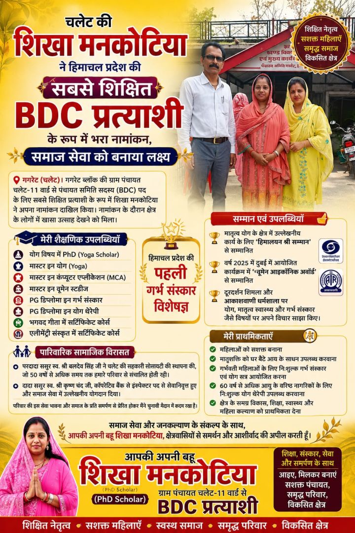 योग, शिक्षा और समाज सेवा का संगम,शिखा मनकोटिया ने भरा नामांकन, क्षेत्र में चर्चा तेज